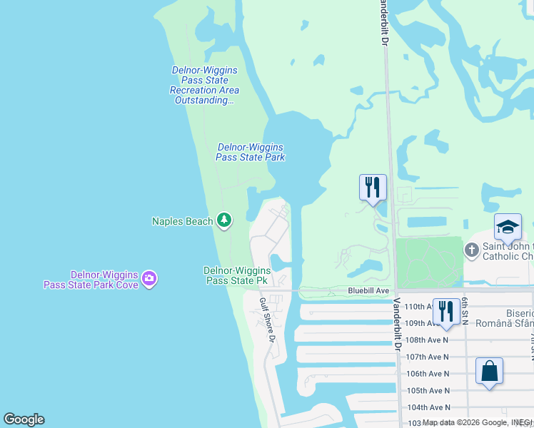 map of restaurants, bars, coffee shops, grocery stores, and more near 15 Bluebill Avenue in Naples