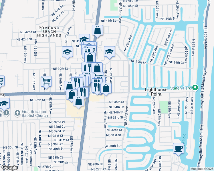 map of restaurants, bars, coffee shops, grocery stores, and more near 109 Northeast 21st Avenue in Lighthouse Point