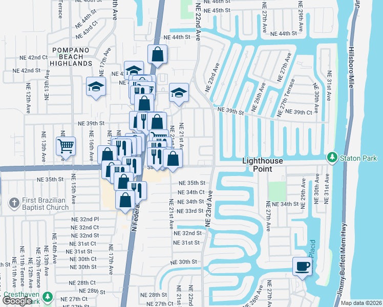 map of restaurants, bars, coffee shops, grocery stores, and more near 2231 Northeast 22nd Terrace in Lighthouse Point