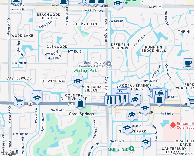 map of restaurants, bars, coffee shops, grocery stores, and more near 3710 Northwest 106th Drive in Coral Springs
