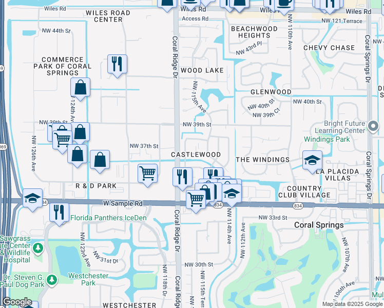 map of restaurants, bars, coffee shops, grocery stores, and more near 3735 Northwest 116th Terrace in Coral Springs
