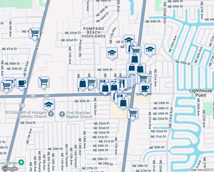 map of restaurants, bars, coffee shops, grocery stores, and more near 3730 Northeast 16th Avenue in Pompano Beach