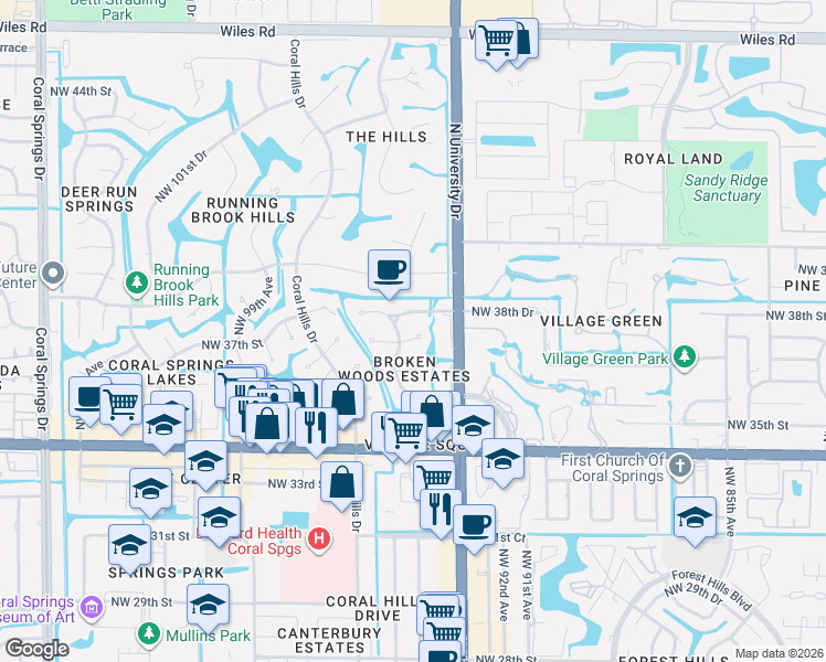 map of restaurants, bars, coffee shops, grocery stores, and more near 9401 Northwest 38th Street in Coral Springs