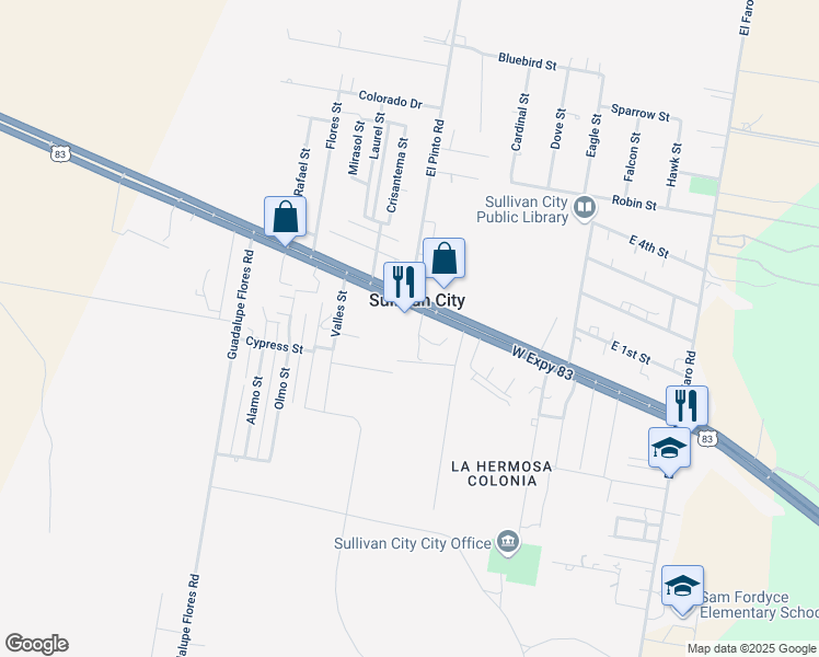 map of restaurants, bars, coffee shops, grocery stores, and more near in Sullivan City