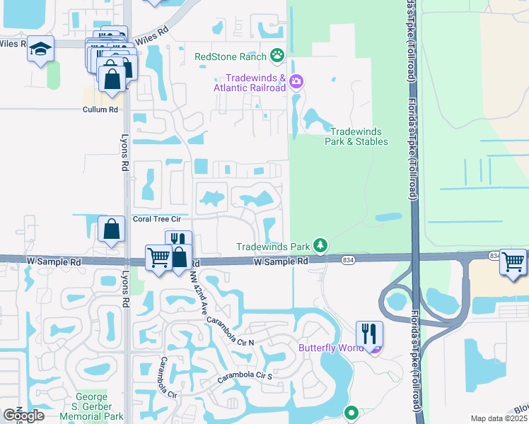 map of restaurants, bars, coffee shops, grocery stores, and more near 168 Coraltree Terrace in Coconut Creek