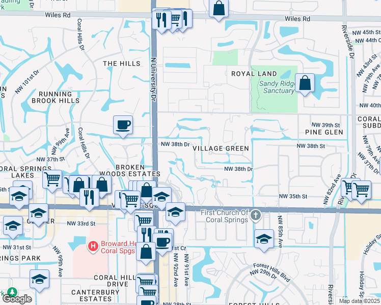 map of restaurants, bars, coffee shops, grocery stores, and more near 9020 Northwest 38th Drive in Coral Springs