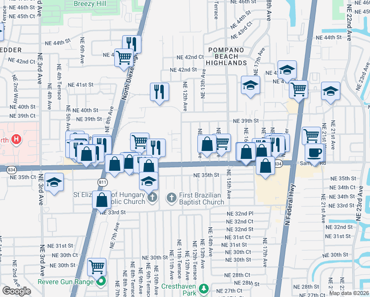 map of restaurants, bars, coffee shops, grocery stores, and more near 3721 Northeast 12th Avenue in Pompano Beach