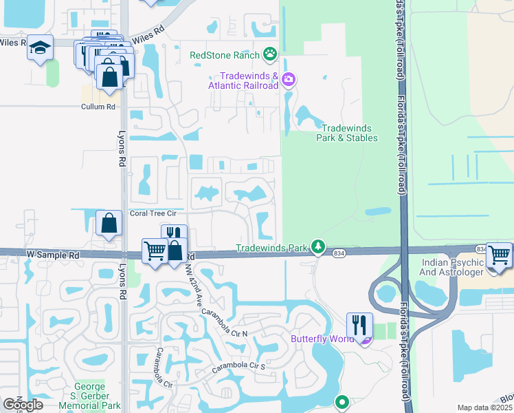 map of restaurants, bars, coffee shops, grocery stores, and more near 168 Coraltree Terrace in Coconut Creek