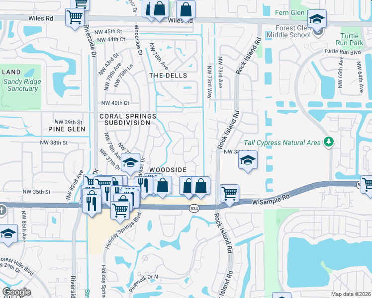 map of restaurants, bars, coffee shops, grocery stores, and more near 7656 Parkview Way in Coral Springs
