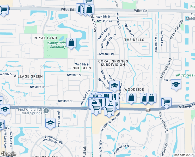 map of restaurants, bars, coffee shops, grocery stores, and more near 3750 Riverside Drive in Coral Springs