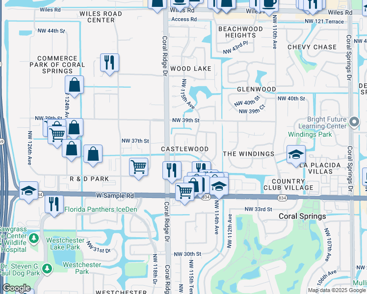 map of restaurants, bars, coffee shops, grocery stores, and more near 3735 Northwest 116th Terrace in Coral Springs