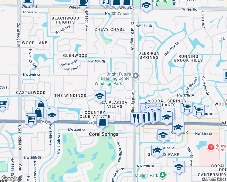 map of restaurants, bars, coffee shops, grocery stores, and more near 3700 Northwest 107th Terrace in Coral Springs
