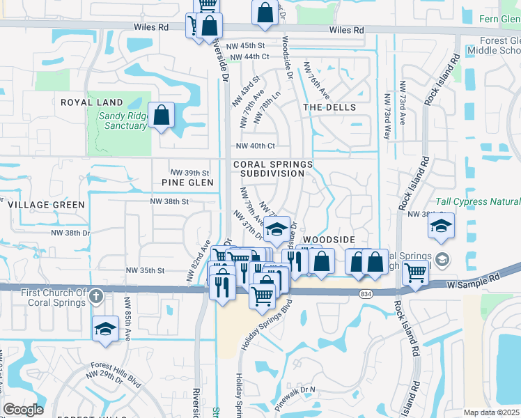 map of restaurants, bars, coffee shops, grocery stores, and more near 3801 Northwest 79th Avenue in Coral Springs