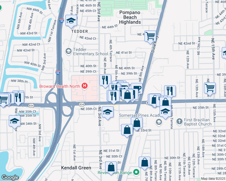 map of restaurants, bars, coffee shops, grocery stores, and more near 420 Northeast 38th Street in Pompano Beach