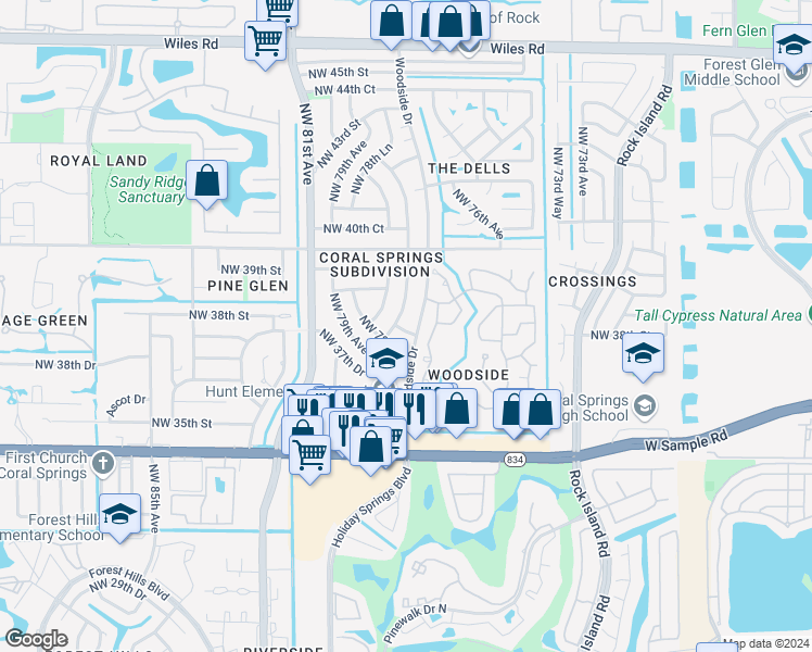 map of restaurants, bars, coffee shops, grocery stores, and more near 3840 Northwest 78th Avenue in Coral Springs