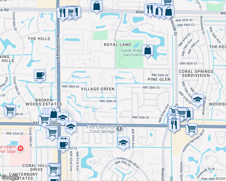 map of restaurants, bars, coffee shops, grocery stores, and more near 3781 Northwest 87th Avenue in Coral Springs