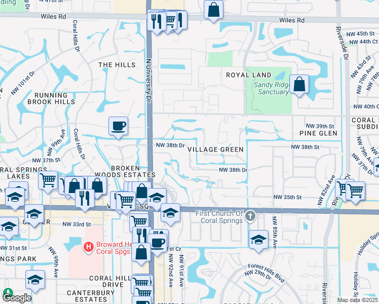 map of restaurants, bars, coffee shops, grocery stores, and more near 9020 Northwest 38th Drive in Coral Springs
