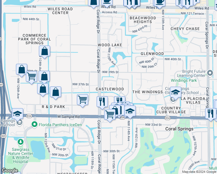 map of restaurants, bars, coffee shops, grocery stores, and more near 3735 Northwest 116th Terrace in Coral Springs