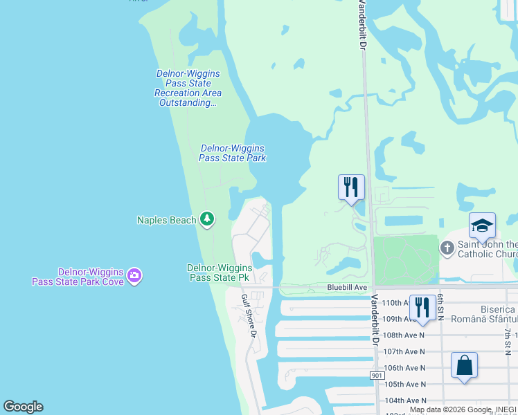 map of restaurants, bars, coffee shops, grocery stores, and more near 17 Bluebill Avenue in Naples