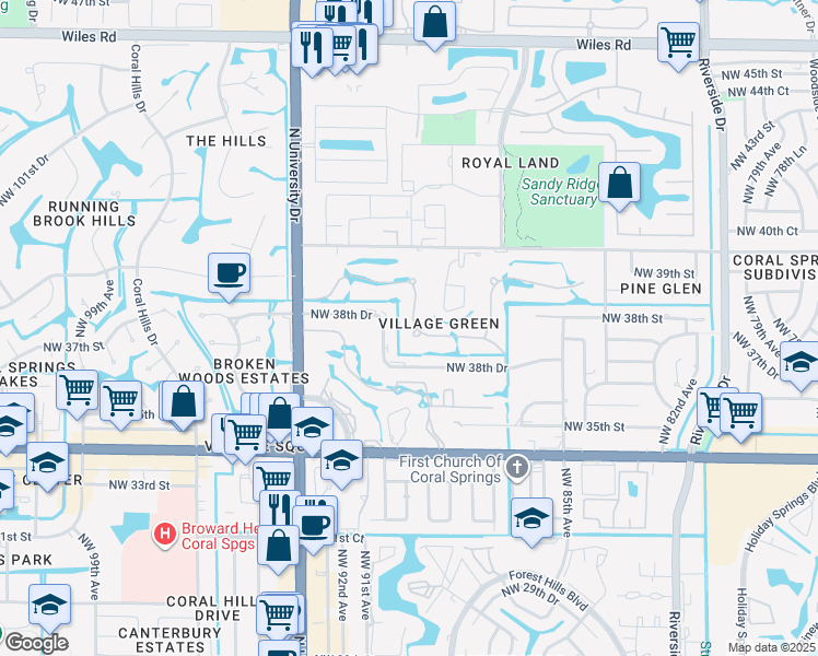 map of restaurants, bars, coffee shops, grocery stores, and more near 3805 NW 89th Way in Coral Springs