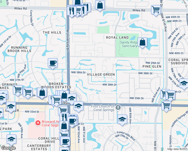 map of restaurants, bars, coffee shops, grocery stores, and more near 3805 NW 89th Way in Coral Springs
