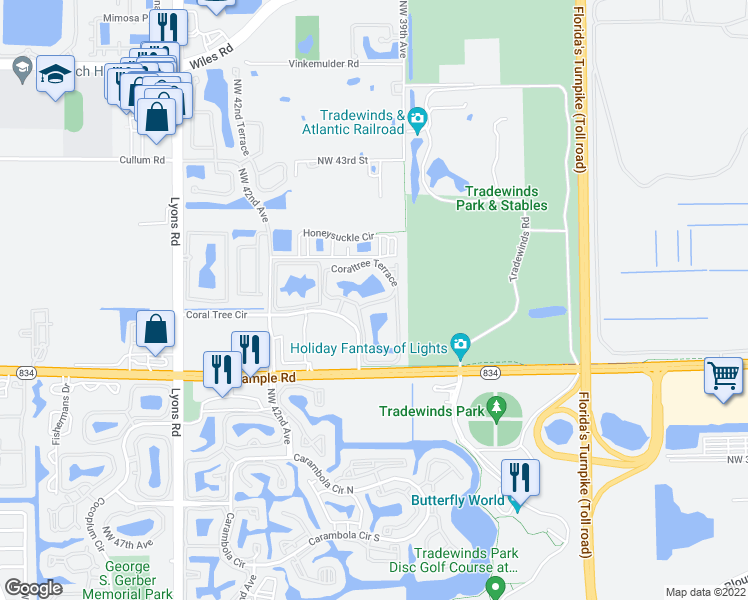 map of restaurants, bars, coffee shops, grocery stores, and more near 168 Coraltree Terrace in Coconut Creek