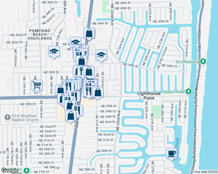 map of restaurants, bars, coffee shops, grocery stores, and more near 2231 Northeast 22nd Terrace in Lighthouse Point