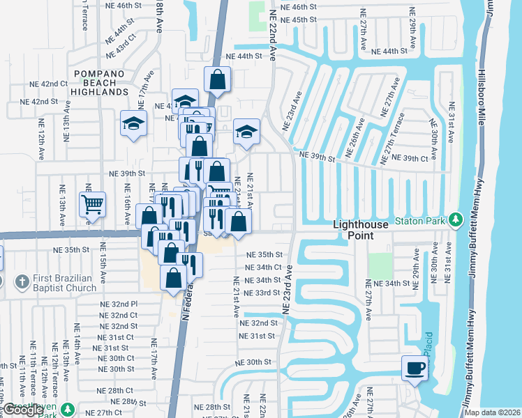 map of restaurants, bars, coffee shops, grocery stores, and more near 109 Northeast 21st Avenue in Lighthouse Point