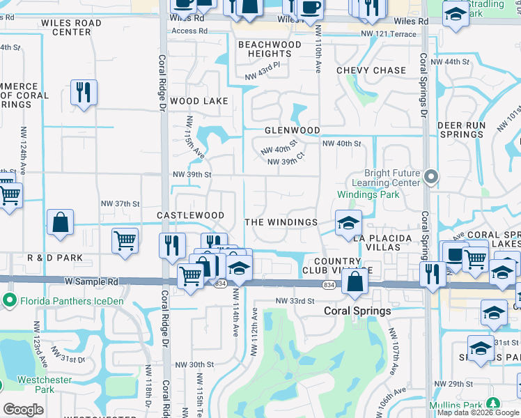 map of restaurants, bars, coffee shops, grocery stores, and more near 11280 Northwest 37th Court in Coral Springs