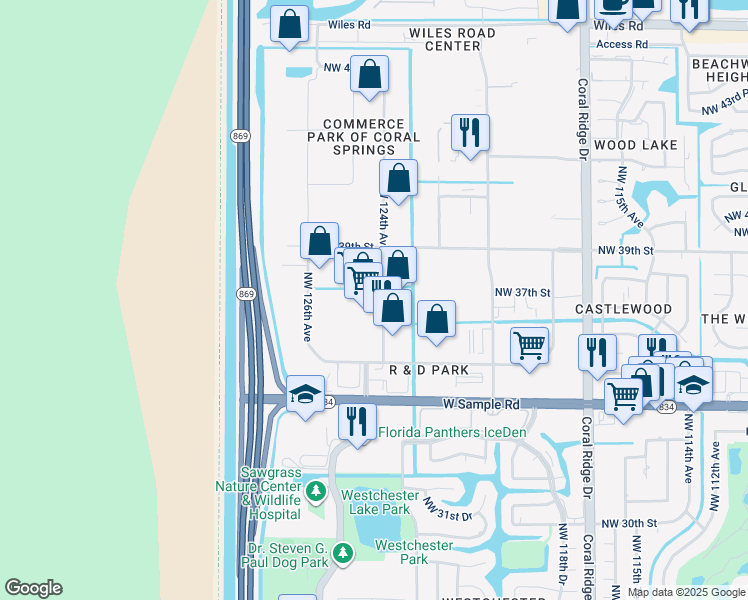 map of restaurants, bars, coffee shops, grocery stores, and more near 3784 Northwest 124th Avenue in Coral Springs