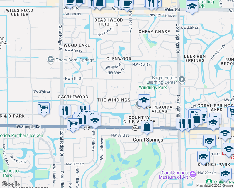 map of restaurants, bars, coffee shops, grocery stores, and more near 3740 Northwest 112th Terrace in Coral Springs