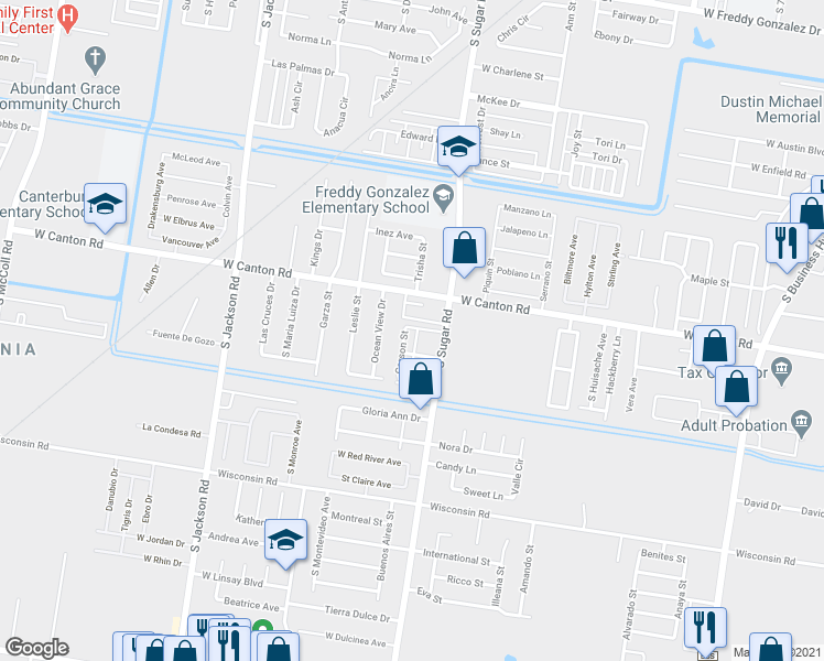 map of restaurants, bars, coffee shops, grocery stores, and more near 3002 Carson Street in Edinburg