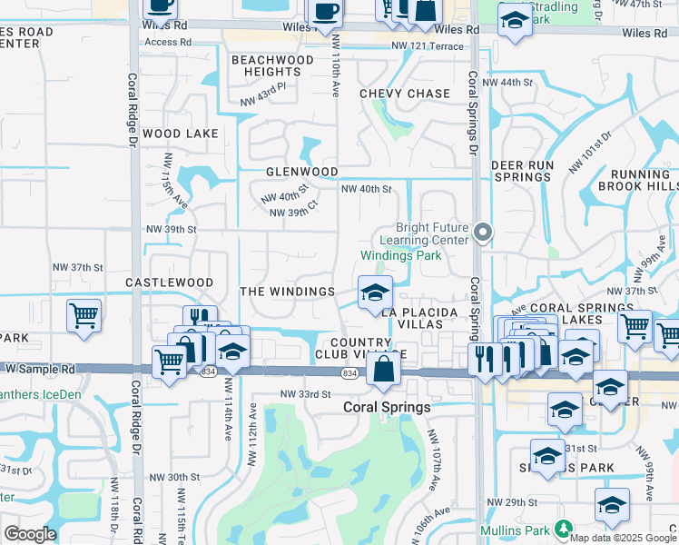 map of restaurants, bars, coffee shops, grocery stores, and more near 3731 Northwest 110th Avenue in Coral Springs