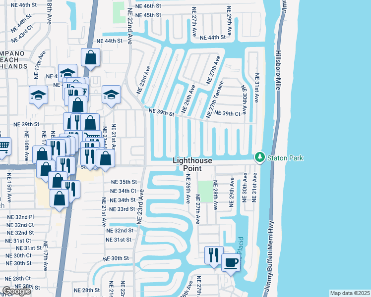 map of restaurants, bars, coffee shops, grocery stores, and more near 3720 Northeast 26th Avenue in Lighthouse Point