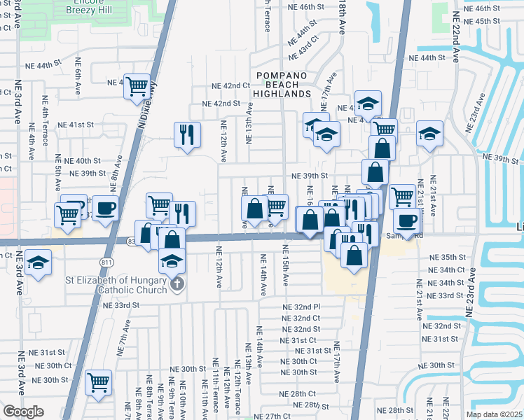 map of restaurants, bars, coffee shops, grocery stores, and more near 3720 Northeast 13th Terrace in Pompano Beach