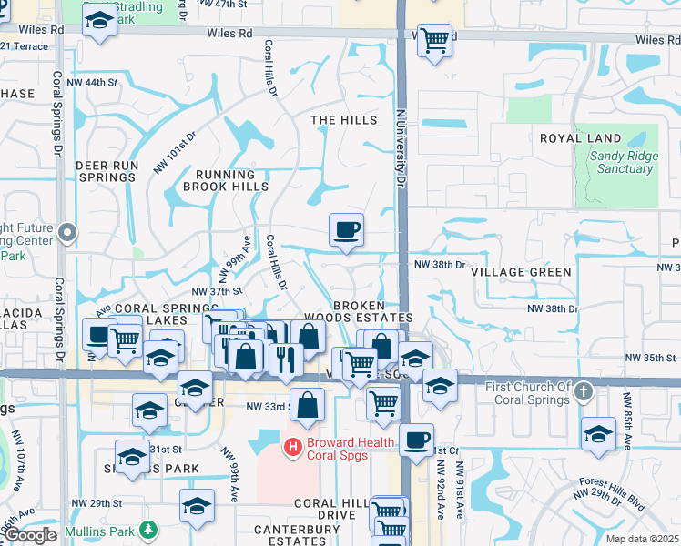 map of restaurants, bars, coffee shops, grocery stores, and more near 9503 Northwest 38th Street in Coral Springs