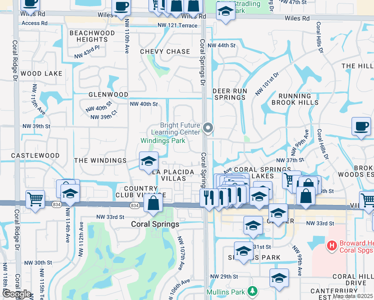 map of restaurants, bars, coffee shops, grocery stores, and more near 3710 Northwest 106th Drive in Coral Springs