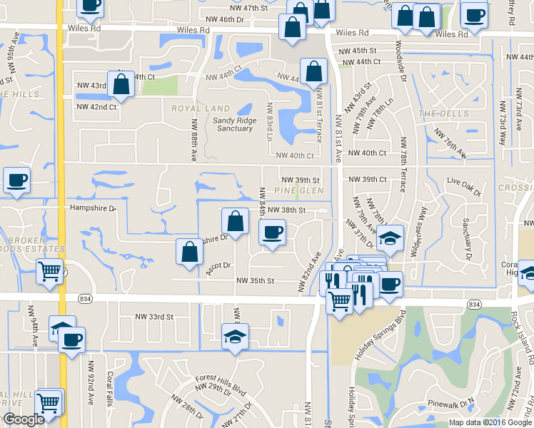 map of restaurants, bars, coffee shops, grocery stores, and more near 8306 Northwest 38th Street in Coral Springs