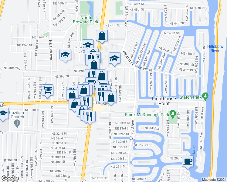 map of restaurants, bars, coffee shops, grocery stores, and more near 109 Northeast 21st Avenue in Lighthouse Point