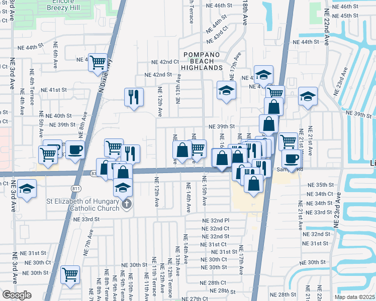 map of restaurants, bars, coffee shops, grocery stores, and more near 3720 Northeast 13th Terrace in Pompano Beach