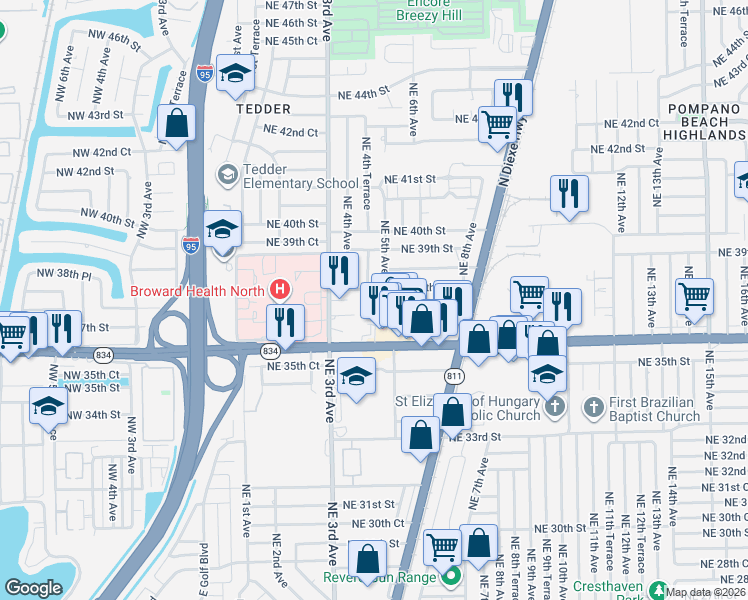 map of restaurants, bars, coffee shops, grocery stores, and more near 420 Northeast 38th Street in Pompano Beach