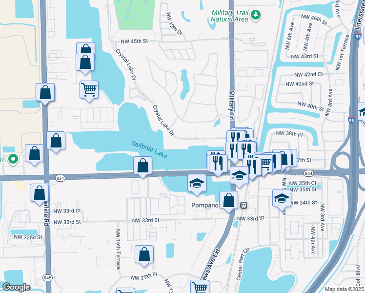 map of restaurants, bars, coffee shops, grocery stores, and more near 3801 Crystal Lake Drive in Pompano Beach
