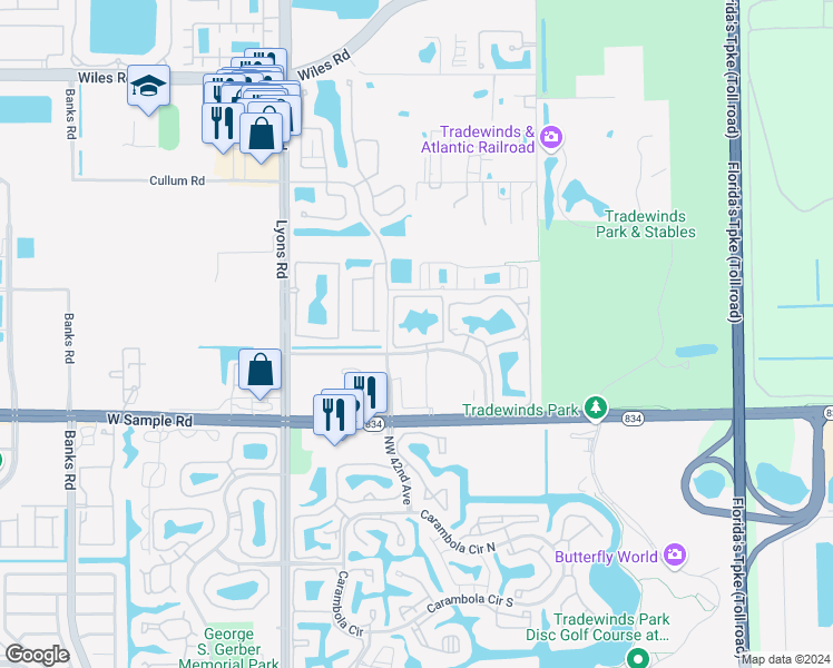 map of restaurants, bars, coffee shops, grocery stores, and more near 4101 Coral Tree Circle in Coconut Creek