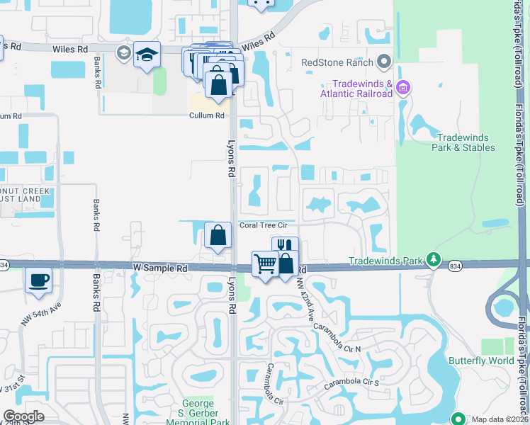 map of restaurants, bars, coffee shops, grocery stores, and more near 3801 Northwest 43rd Terrace in Coconut Creek