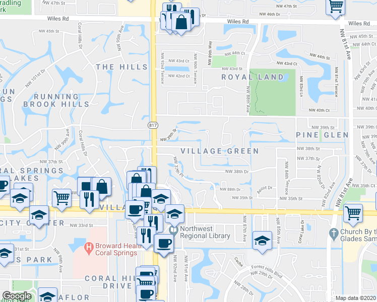 map of restaurants, bars, coffee shops, grocery stores, and more near 9020 Northwest 38th Drive in Coral Springs