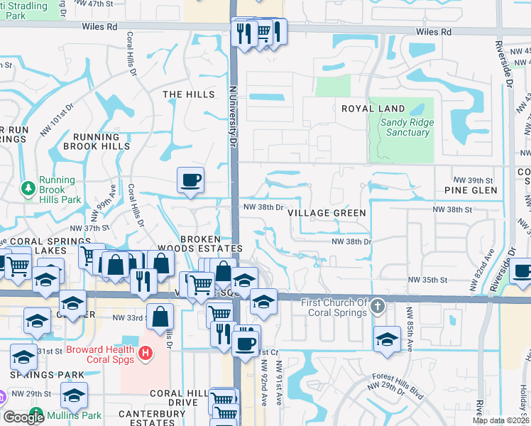 map of restaurants, bars, coffee shops, grocery stores, and more near 9150 Northwest 38th Drive in Coral Springs