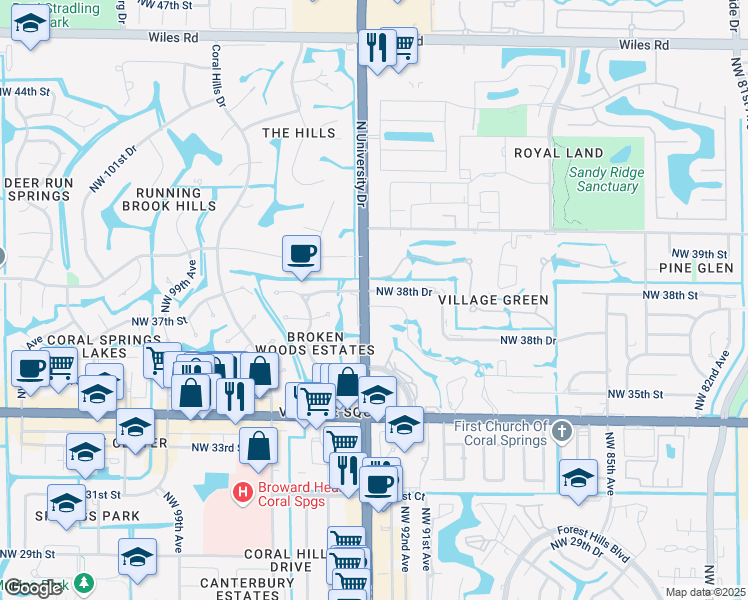 map of restaurants, bars, coffee shops, grocery stores, and more near 9220 Northwest 38th Drive in Coral Springs
