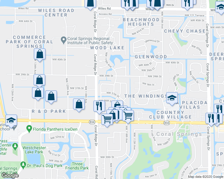 map of restaurants, bars, coffee shops, grocery stores, and more near 3730 Northwest 115th Avenue in Coral Springs
