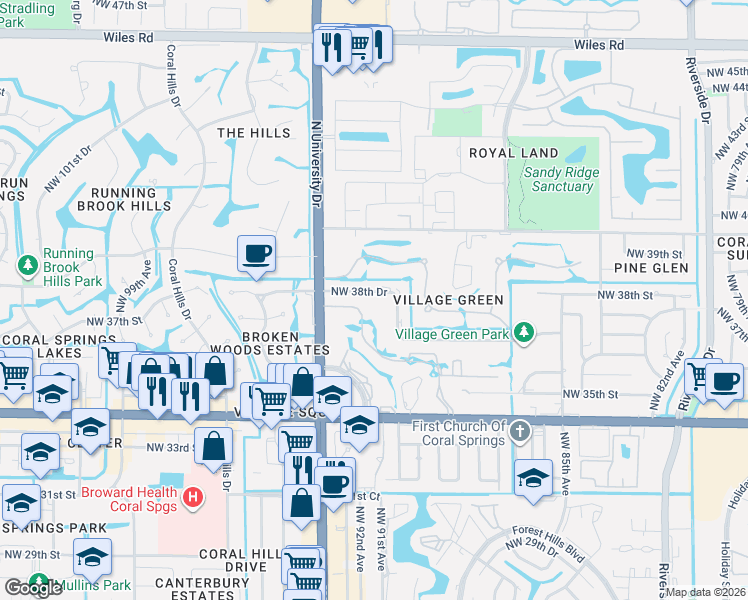 map of restaurants, bars, coffee shops, grocery stores, and more near 9150 Northwest 38th Drive in Coral Springs