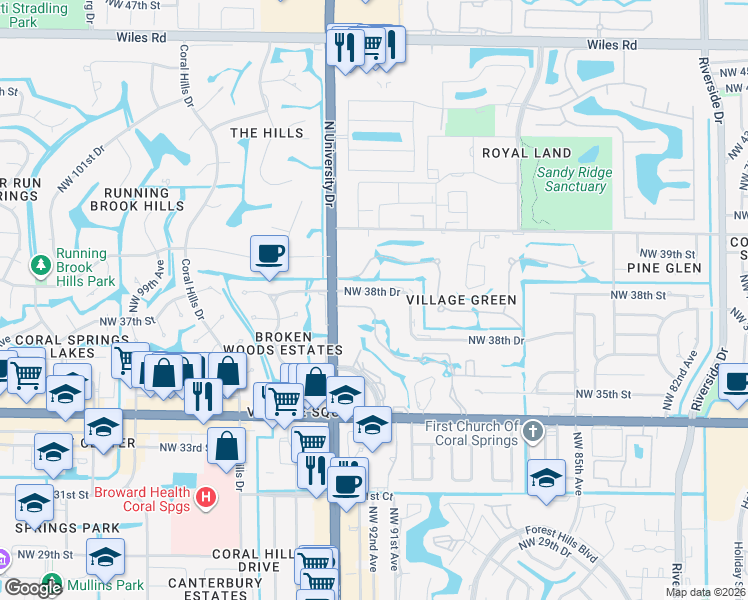 map of restaurants, bars, coffee shops, grocery stores, and more near 9150 Northwest 38th Drive in Coral Springs